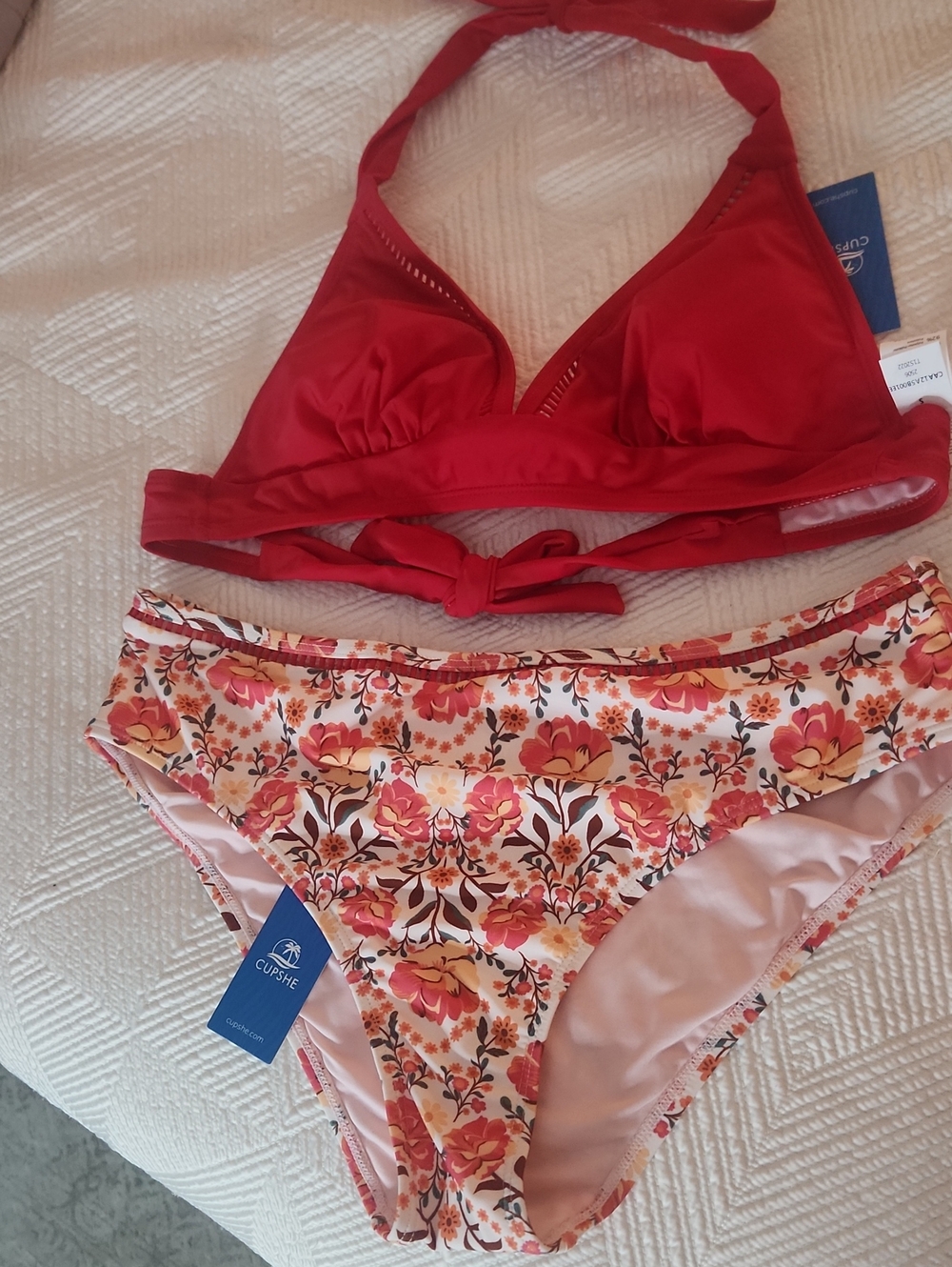 Cupshe Red Halter Bikini Top with Floral Pink & Orange Bottom